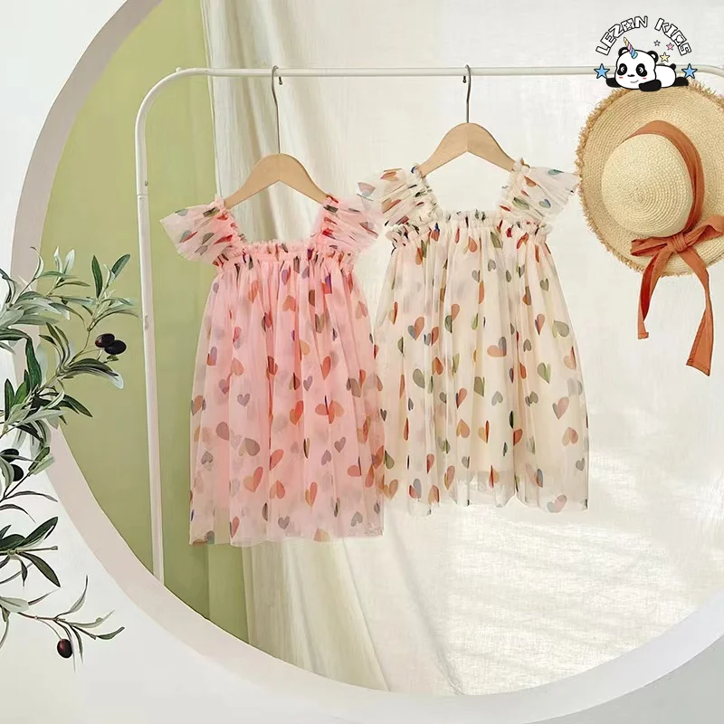LEZONKIDS - 2024 High Quality heart pattern printed spaghetti strap tutu dresses for girls kids